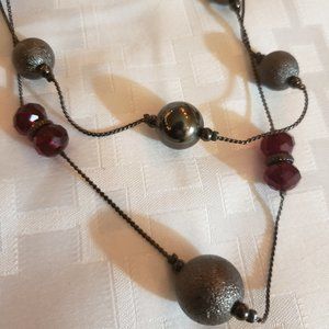 Red and Pewter Beaded Long Necklace Vintage